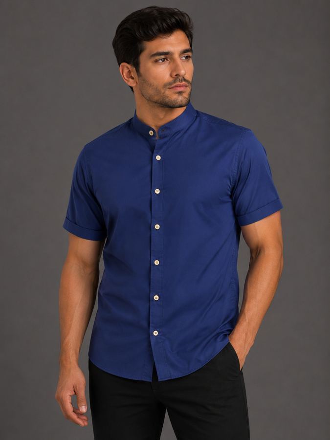 Camisa de Botão Gola Padre Azul Marinho