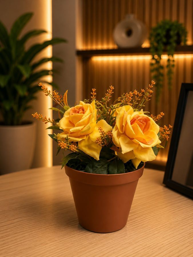 Arranjo Rosas Amarelas Artificiais em Vaso Terracota - Charme Campestre