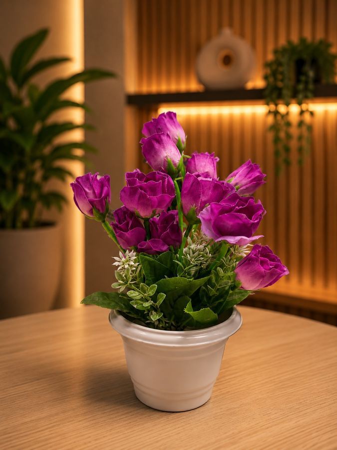 Arranjo Lisianthus Roxo Artificial em Vaso Branco - Delicadeza Permanente
