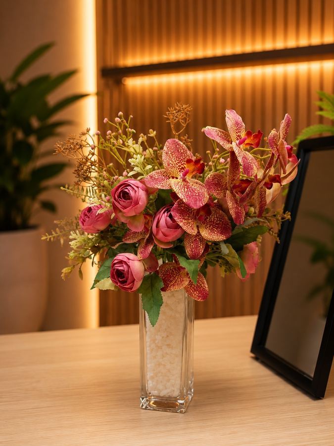 Arranjo Orquídeas e Rosas Artificiais em Vaso de Vidro - Luxo Permanente
