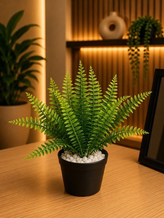 Samambaia Artificial no Vaso Preto - Decoração Tropical Realista e Cheia