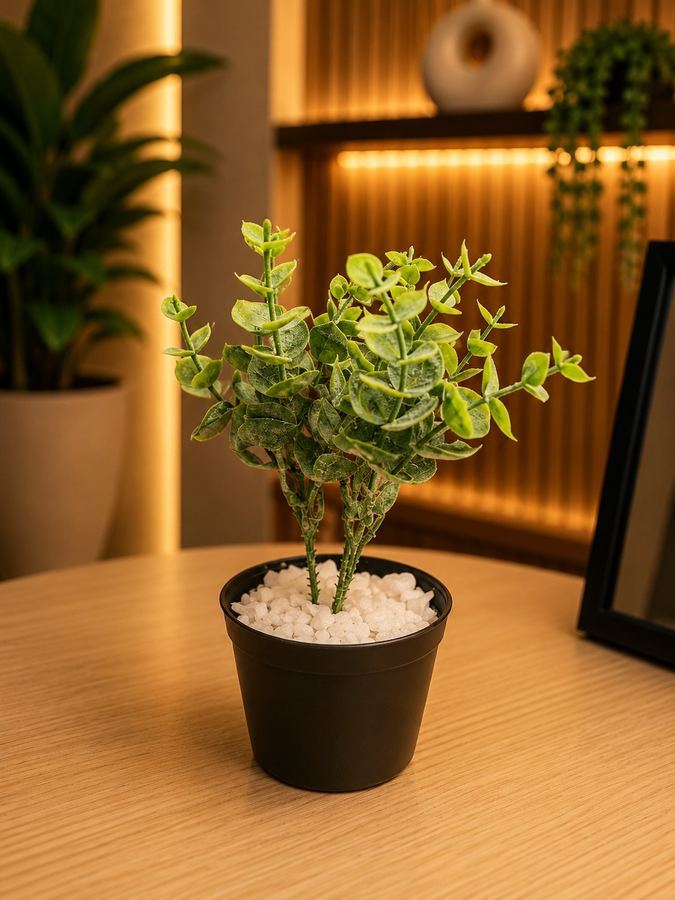 Planta Artificial Eucalipto no Vaso Preto - Decoração Moderna Realista
