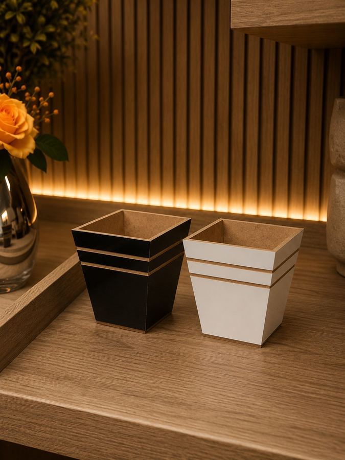 Cachepôs Quadrados | Vasos MDF Frisados Madeira | Decor Minimalista |