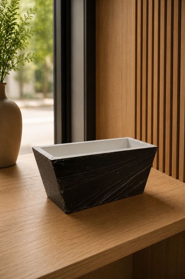 Cachepô Jardineira Retangular MDF | Acabamento Mármore Preto Nero | Vaso Decorativo Bicolor |