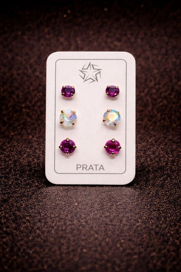Trio de Brincos Prata 925 Ametista e Aurora Boreal - Kit Místico