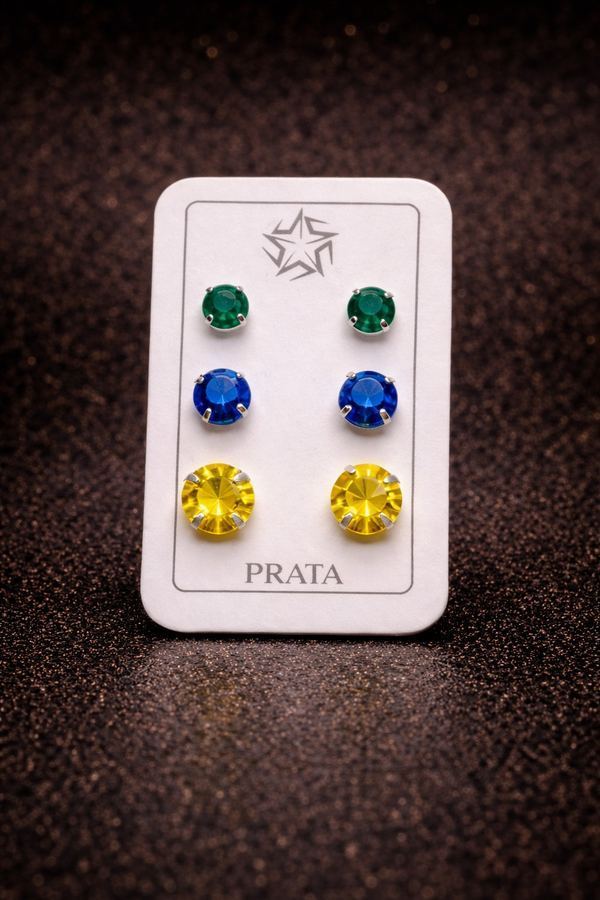 Trio de Brincos Ponto de Luz Prata 925 - Verde, Azul e Amarelo Zircônia 4mm a 6mm
