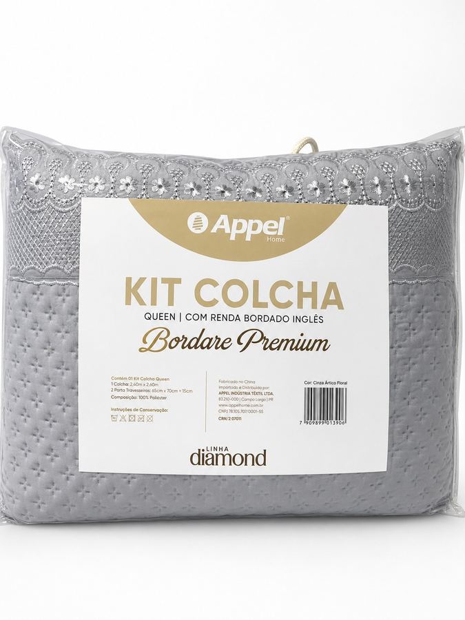 Kit Colcha Queen Appel Bordare Premium 3 Peças - Renda Bordado Inglês - Cinza Ártico