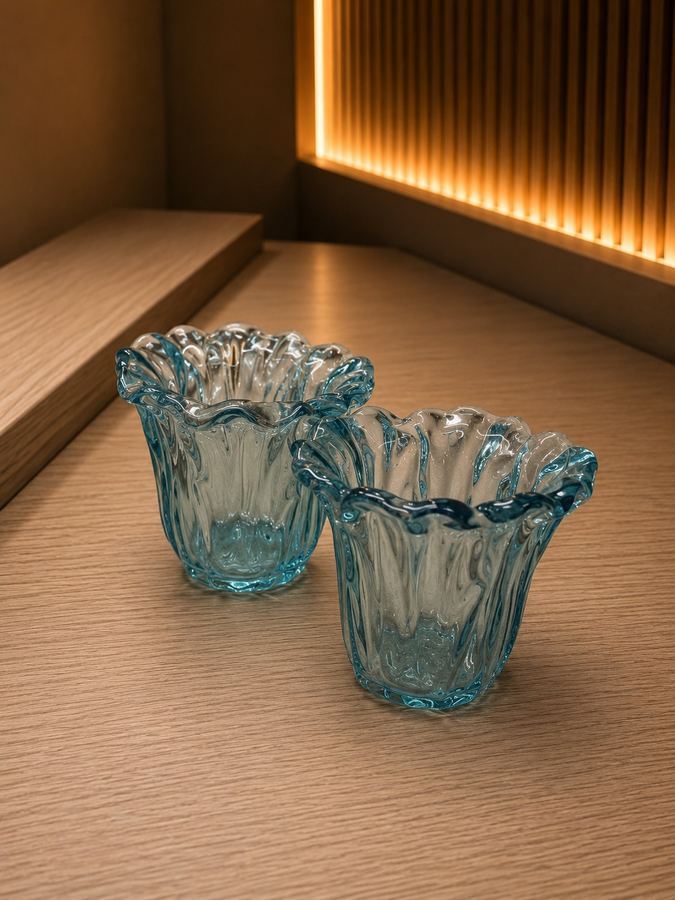 Mini Vaso Flor de Vidro Água-Marinha | Cachepô Murano Style P | Porta-Vela Ondulado |