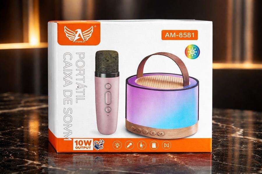 "Kit Caixa de Som Bluetooth Altomex AM-8581 10W com Microfone Sem Fio LED RGB Karaokê Portátil"