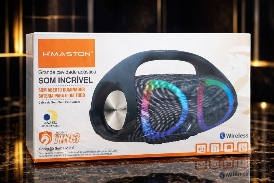 Caixa de Som Boombox H'Maston TN03 80W Bluetooth Led RGB Potente Grave Forte com Alça"