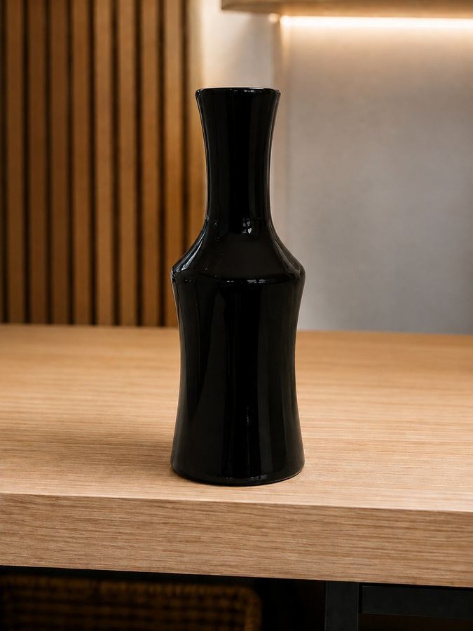 Vaso Preto Brilhante M | Vaso de Vidro Esmaltado Curvas | Decoração Minimalista Sofisticada |
