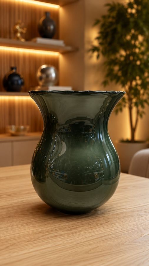 Vaso de Vidro Verde Esmeralda G | Murano com Borda Ondulada | Vaso Decorativo Brilhante |