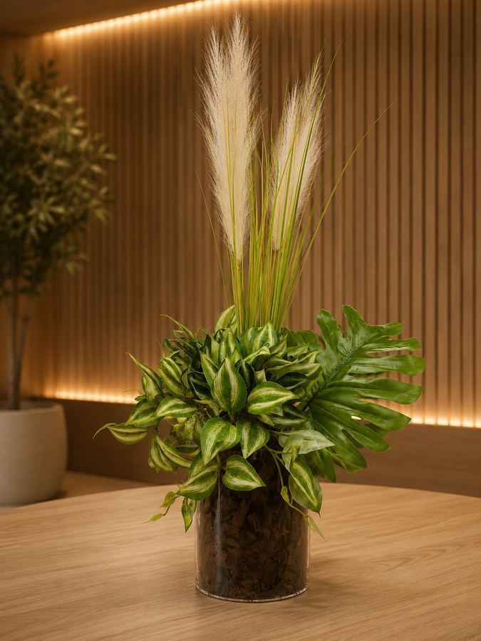Arranjo Tropical Artificial Grande | Costela de Adão + Capim dos Pampas | Vaso Vidro |
