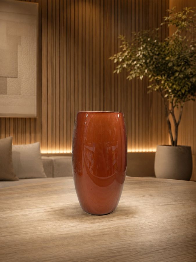 Vaso Vidro Alto Terracota Brilhante | Vaso Decorativo Cilíndrico G |