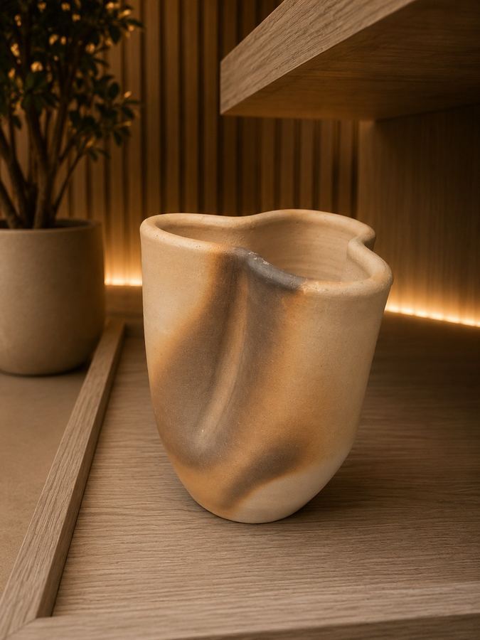 Vaso Orgânico Cerâmica Artesanal | Efeito Fumê Queimado | Escultura Decorativa Wabi