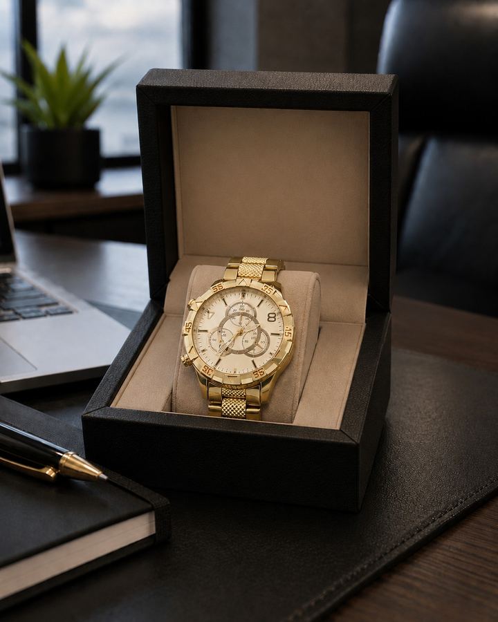 Relógio Masculino Dourado Executivo Cronógrafo Mostrador Branco - Coleção Power Gold