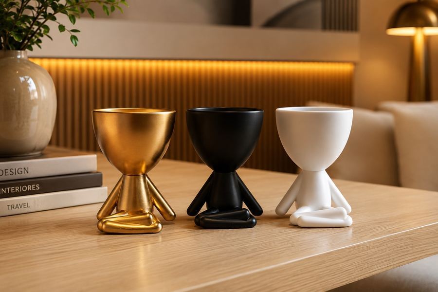 Vaso Guardião Zen de Cerâmica | Cachepô Boneco Meditando | Escultura Decorativa Yoga P |