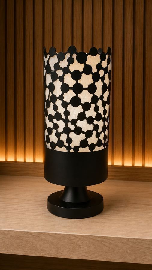 Abajur de Mesa Molecular Preto | Luminária Cênica Design Geométrico | Luz e Sombra |