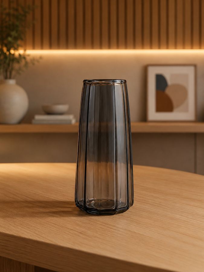 Vaso de Vidro Fumê Lapidado M | Vaso Cilíndrico Facetado para Flores | Decoração Moderna |