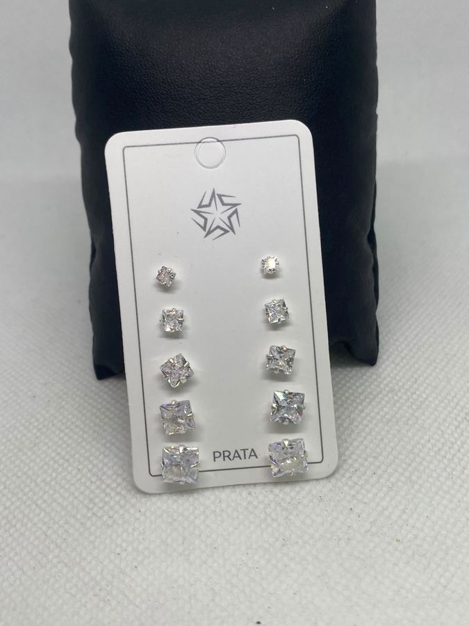 Kit 5 Pares Brinco Prata 925 Ponto de Luz Zircônia Quadrada