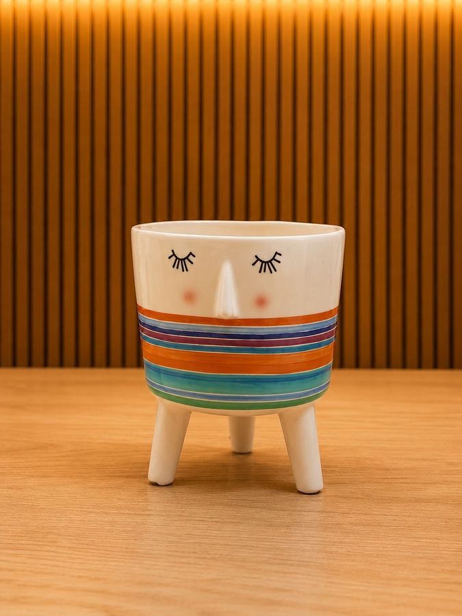 Cachepô de Cerâmica com Carinha | Vaso com Pé Listrado Colorido | Decoração Lúdica M |