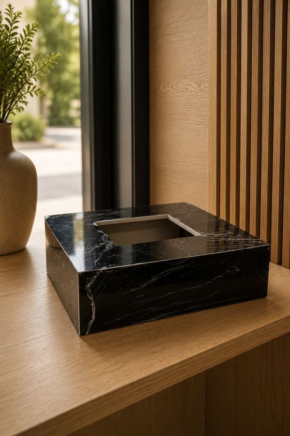 Porta Lenços MDF Preto com Acabamento Marmorizado | Caixa de Lenço Quadrada Nero |