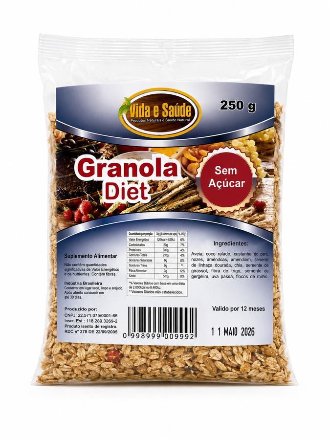 Granola Diet Sem Açúcar Vida e Saúde 250g  Ideal para Diabéticos e Dietas Restritivas