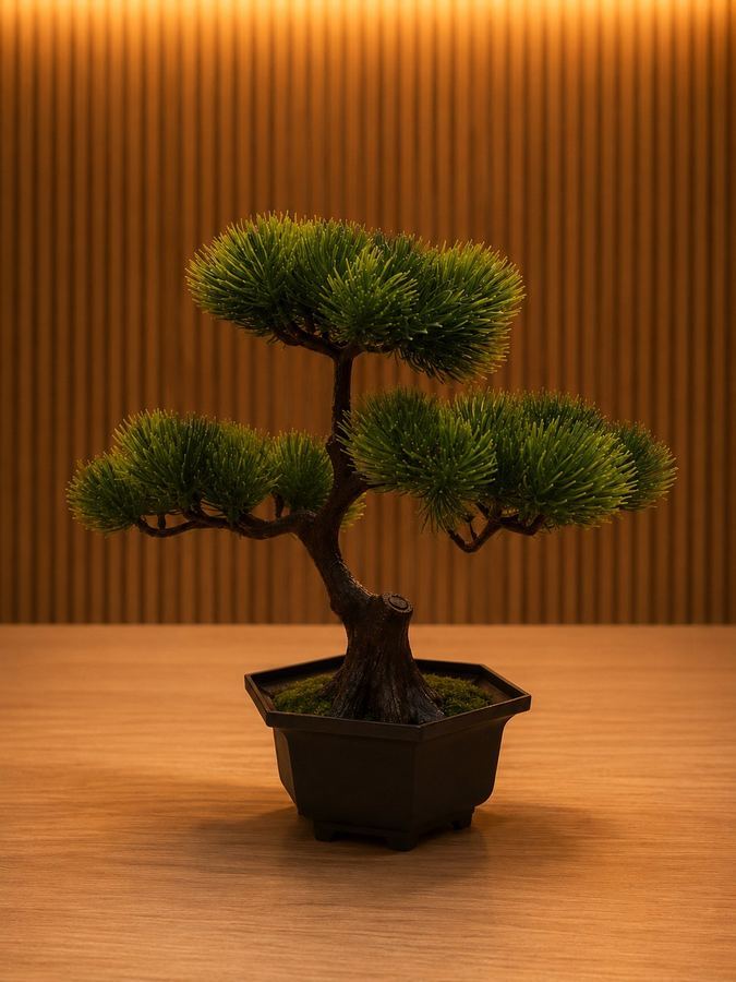 Bonsai Artificial Pinheiro | Árvore Permanente Zen | Vaso Hexagonal Preto M |