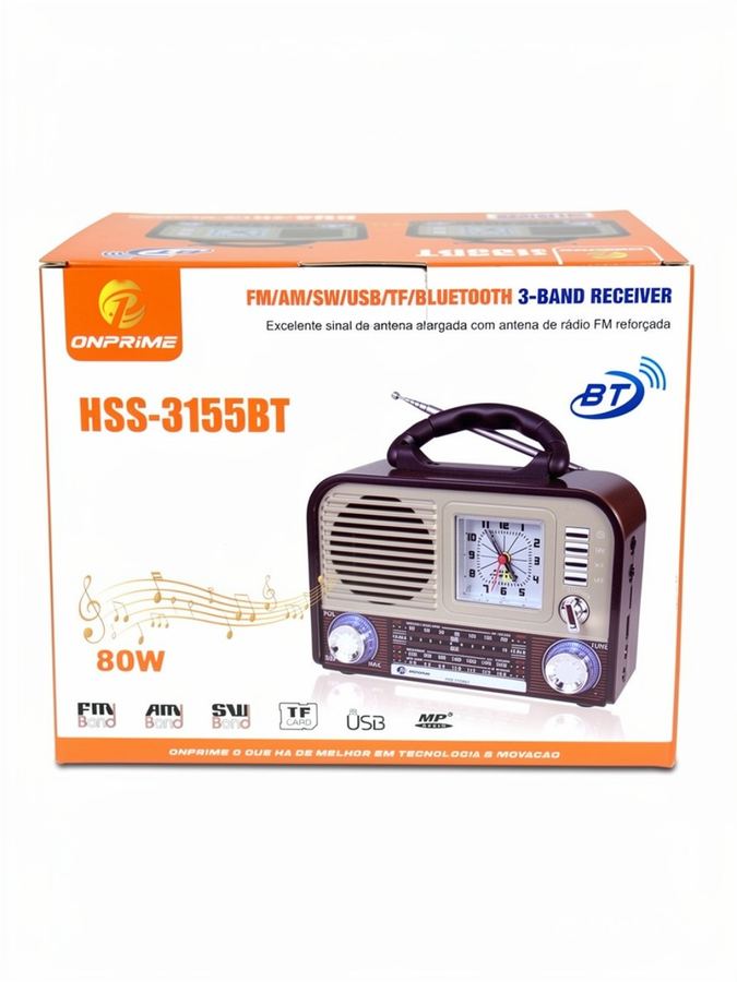 Rádio Retrô Portátil ONPRiME 80W Bluetooth FM/AM/SW com Relógio - HSS-3155BT