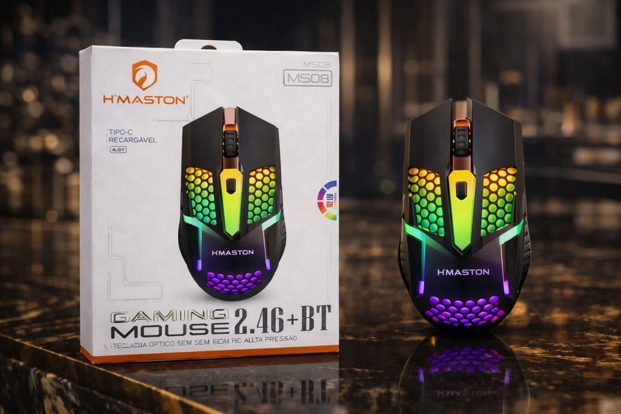 Mouse GAMER Sem Fio 2.4g Bluetooth Recarregável Rgb Hmaston Ms08 Preto