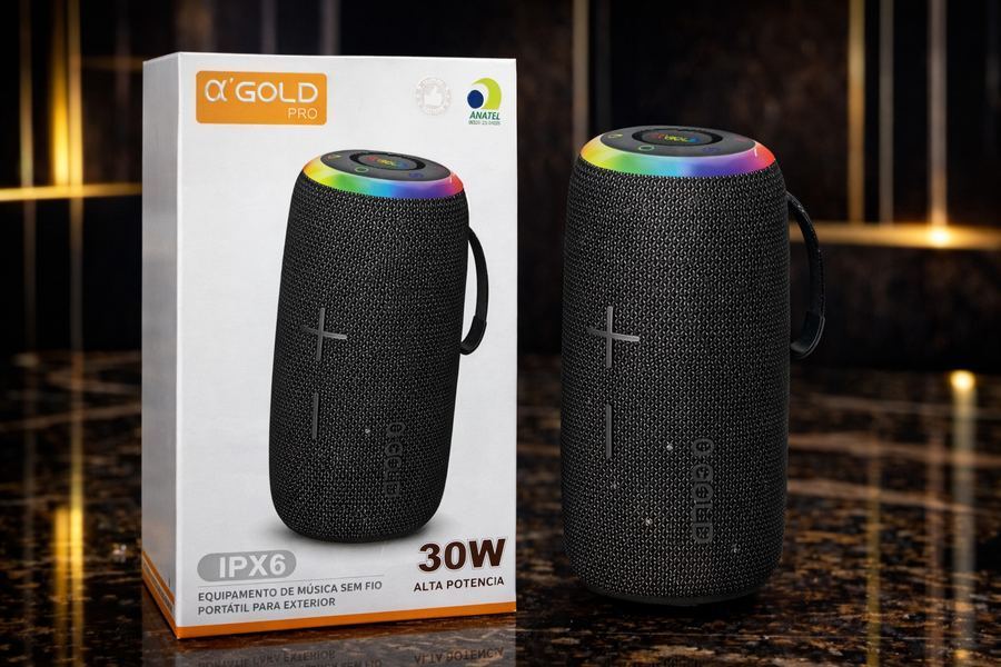 "Caixa de Som Bluetooth A'Gold Pro SM-15A 30W LED RGB IPX6 Prova D'água Portátil 10h Bateria"