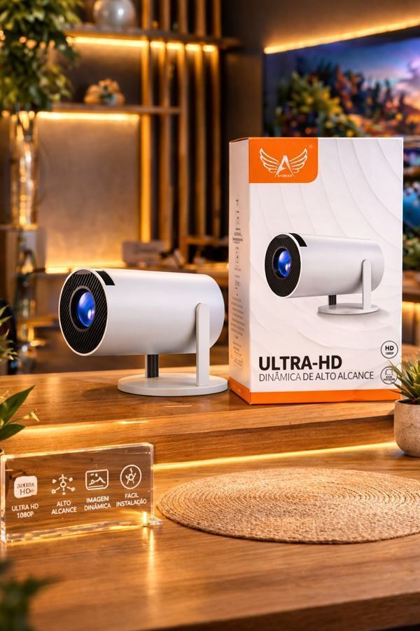 Mini Projetor Portátil 5G Wi-Fi 6 Bluetooth 5.0 Android 11 1080P Full HD 8000 Lumens LED Auto Correção Trapezoidal Horizontal Rotação 180° Ideal para Projeções Cinemáticas