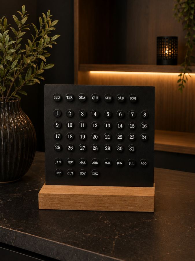 Calendário Permanente de Mesa Minimalista com Base de Madeira (Black Edition)