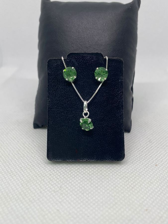 Conjunto Colar e Brinco Ponto de Luz Verde Esmeralda Prata 925