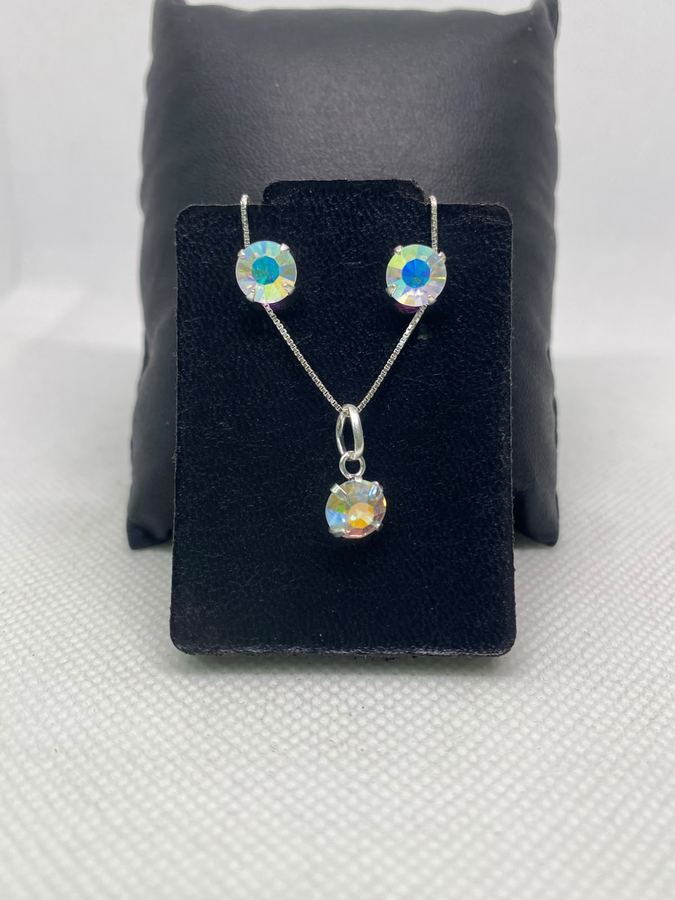 Conjunto Colar e Brinco Ponto de Luz Furta-Cor Prata 925 Aurora Boreal