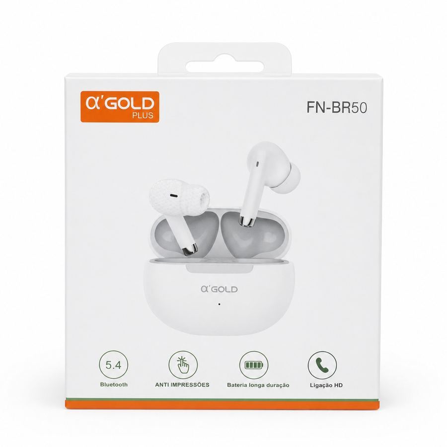 Fone Bluetooth 5.4 α'GOLD PLUS FN-BR50 Branco | Anti Impressões | Ligação HD