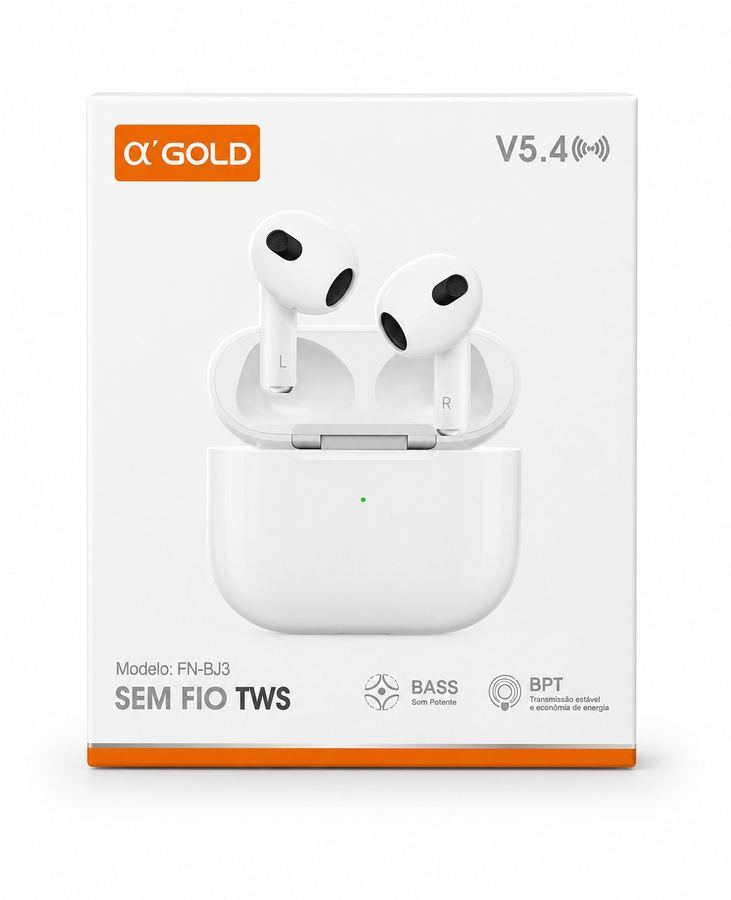 Fone Bluetooth α'GOLD FN-BJ3 V5.4 Branco | Design Air 3 | Graves BASS | BPT Acústico
