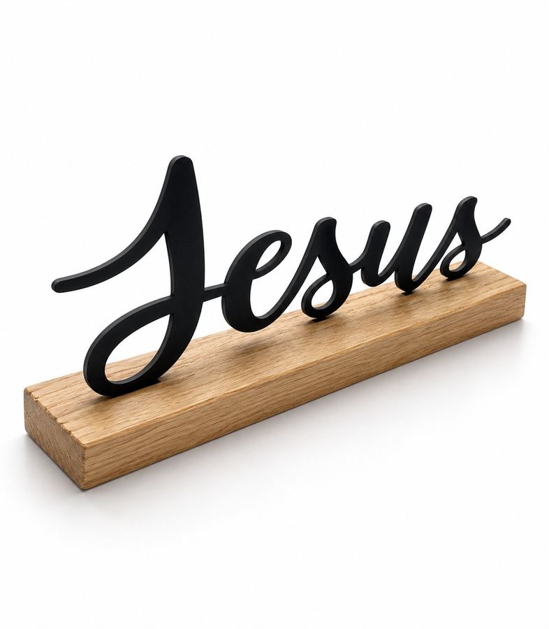 Enfeite Decorativo "Jesus" com Base Amadeirada