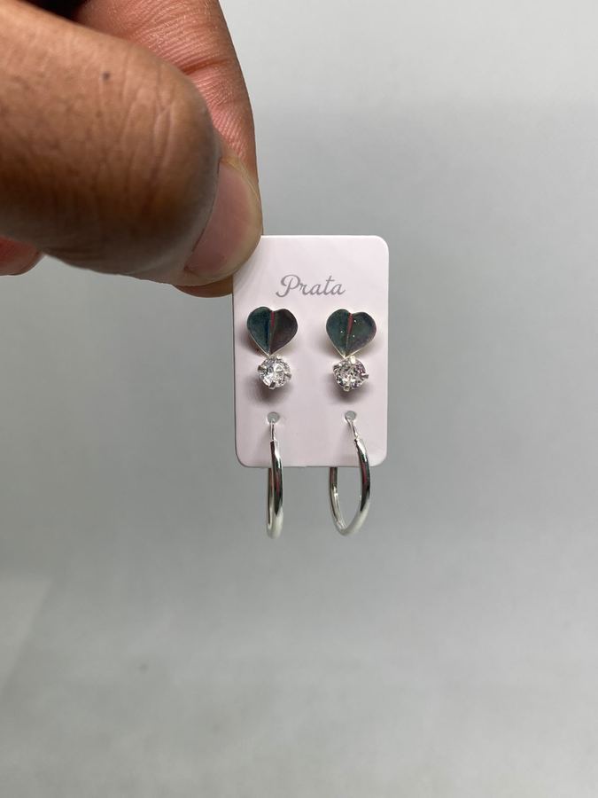 Kit 2 Pares de Brincos em Prata – Coração com Zircônia + Argola