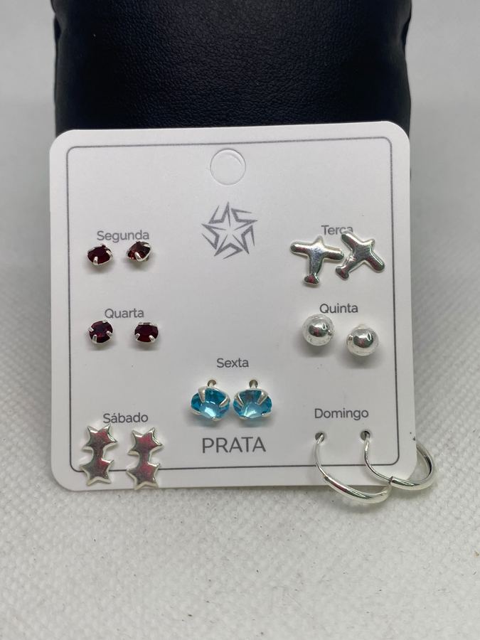Kit Semaninha 7 Pares de Brincos em Prata – Pedras Coloridas e Modelos Variados