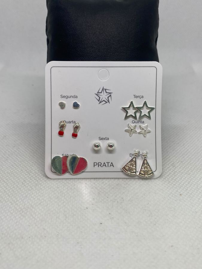 Kit Semaninha 7 Pares de Brincos em Prata – Corações, Estrelas e Modelos Variados
