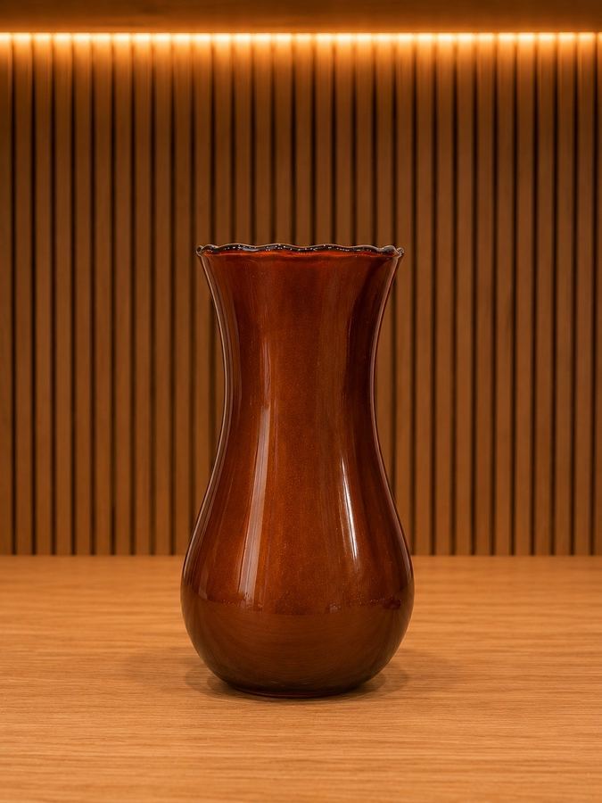 Vaso Caramelo Brilhante | Vaso Bojudo Vidro Borda Ondulada | Decor Terroso G |