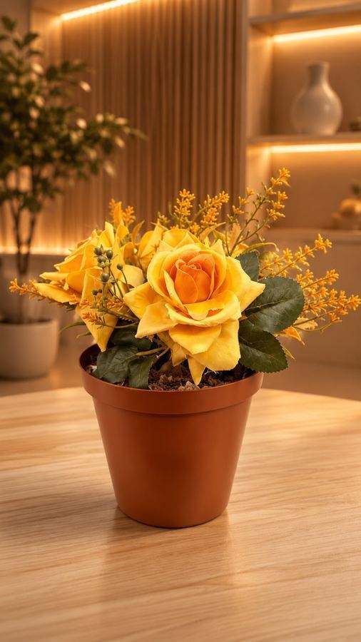 Arranjo Rosa Amarela Artificial | Vaso Terracota Planta Permanente Realista | Decoração Afetiva |