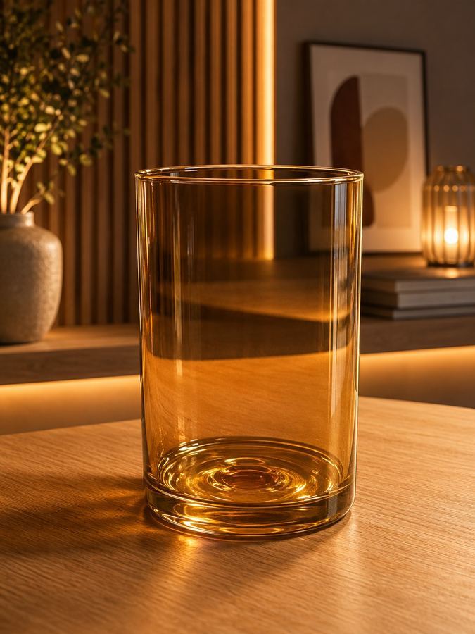 Vaso de Vidro Âmbar Cilíndrico G | Vaso Coluna Transparente Mel | Decoração Boho Luxo |