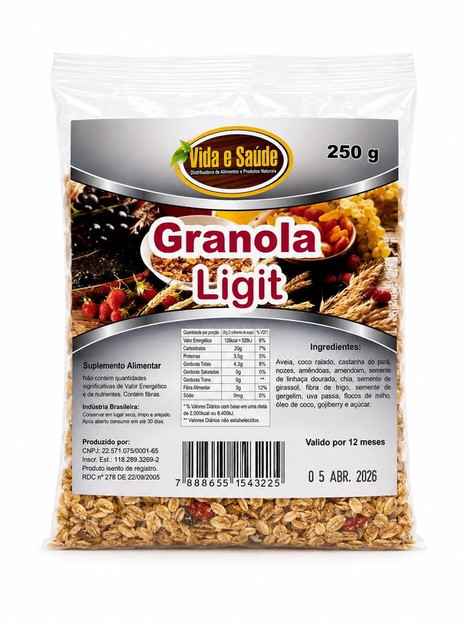 Granola Light Vida e Saúde 250g  Menos Gorduras, Máximo Sabor e Crocância
