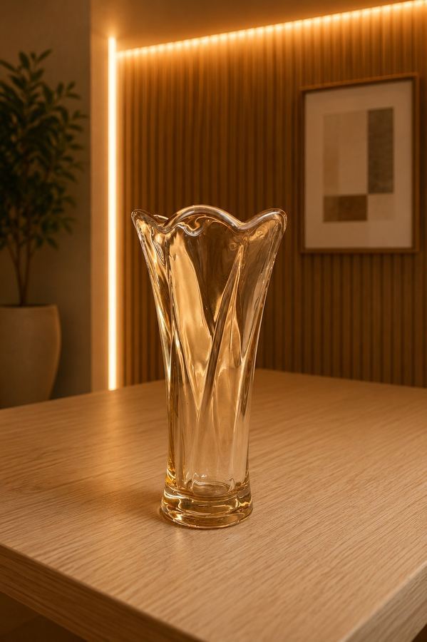 Vaso de Vidro Ondulado Alto | Design Escultural Borda Flor | Decor Contemporâneo |