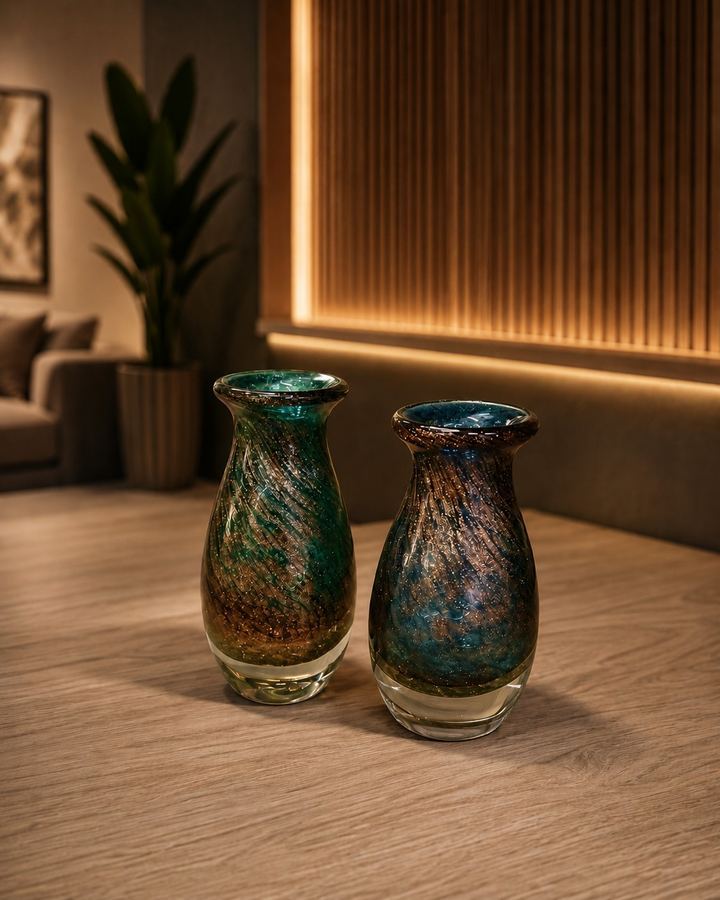 Vaso Galáxia Oceano M | Vidro Artístico Verde Azul com Ouro | Decanter Murano Style |