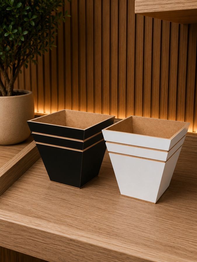 Cachepô Quadrado Frisado MDF | Vaso Decorativo Minimalista |