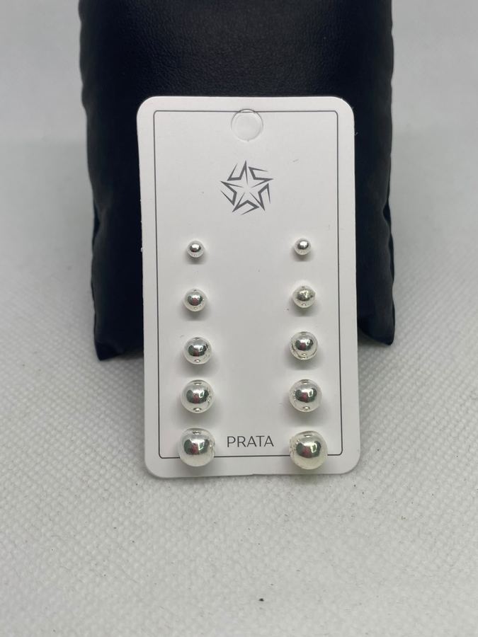 Kit 5 Pares Brinco Bola Prata 925 - Tamanhos Diferentes