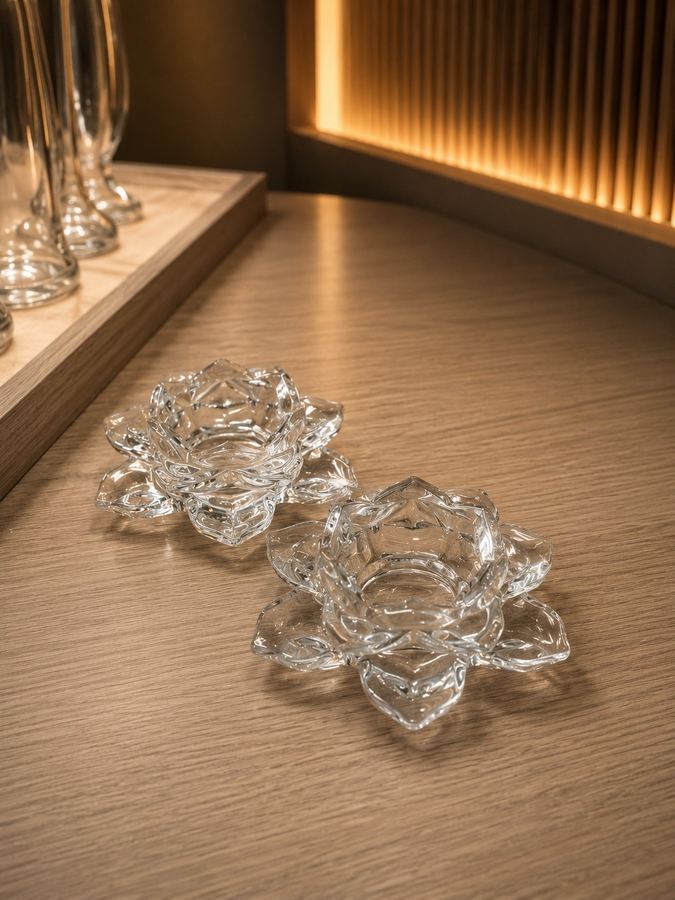 Porta-Vela Flor de Lótus Cristal | Castiçal de Vidro Rechaud | Escultura Zen Decorativa |